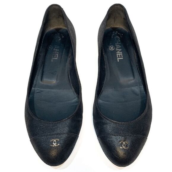 Chanel Interlocking CC Logo Black Cap Toe Ballet Flats EU 37.5 US 6.5-7 Slip on - Picture 2 of 10